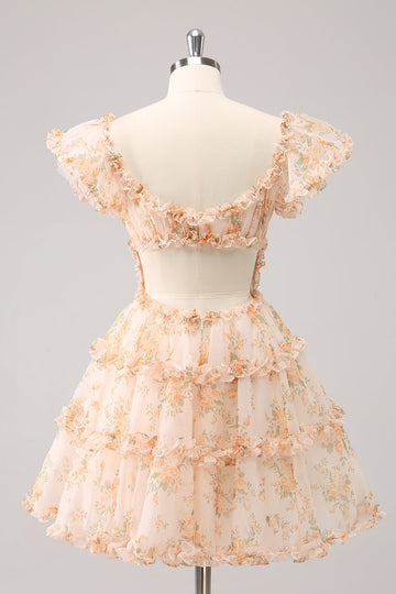 Yellow A-Line Ruffled Floral Print Graduation Dress